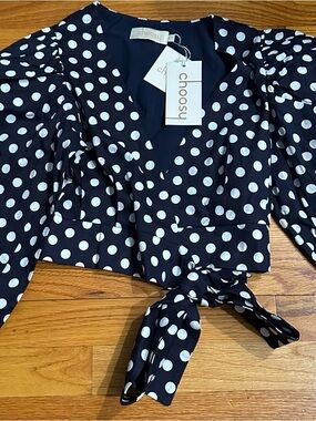 Choosy Black & White Polka Dot Tie-Front Crop Top
